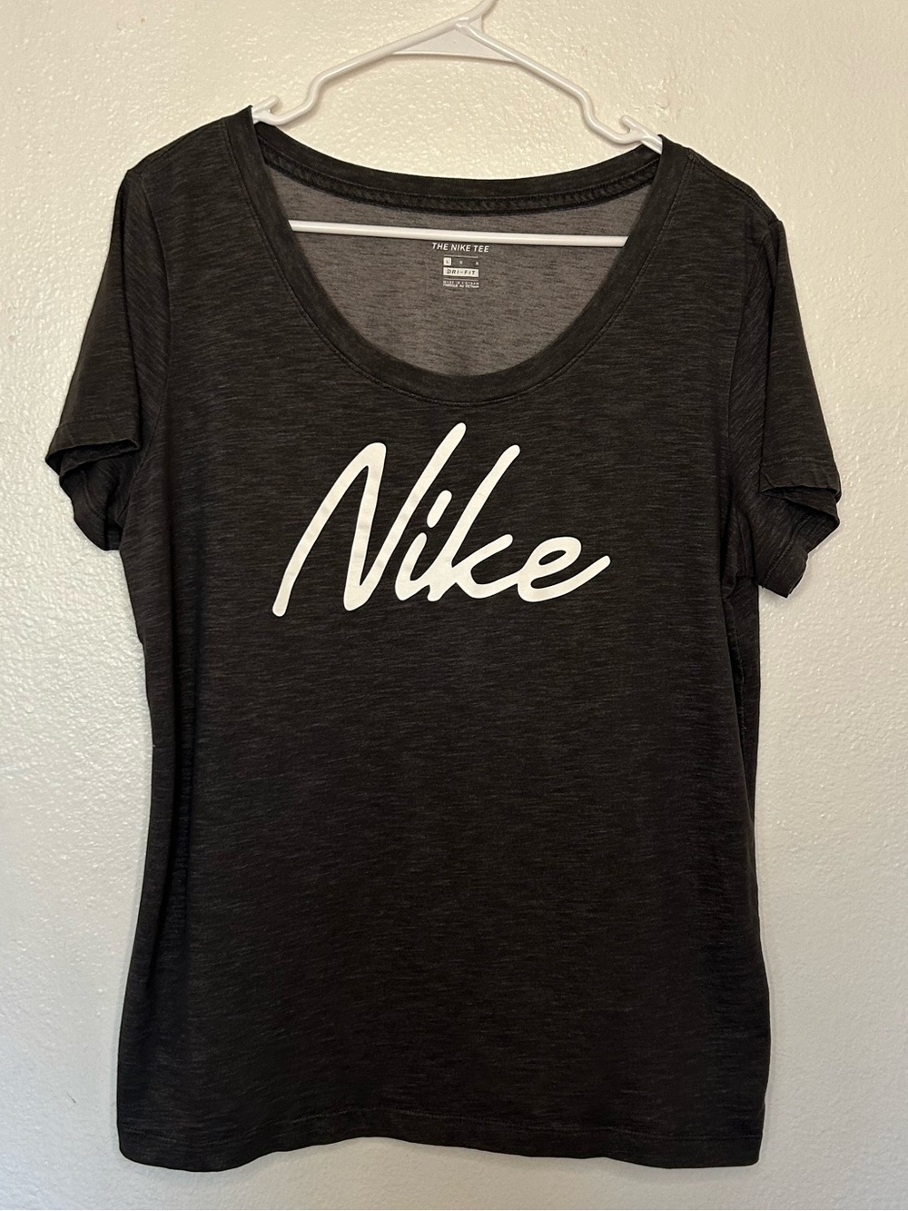 Nike Women's Charcoal Scoop Neck Tee with White Script Logo